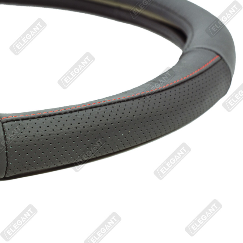 Чохол на кермо шкіряний Elegant Plus, M, чорний з перфорацією і червоною ниткою